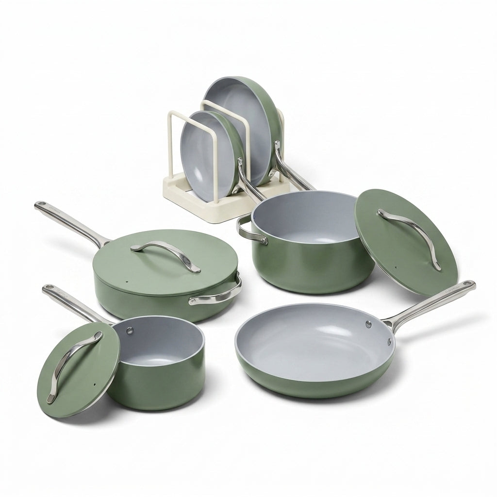 9-Piece Ceramic Nonstick Cookware Set in Sage — Studio Shot