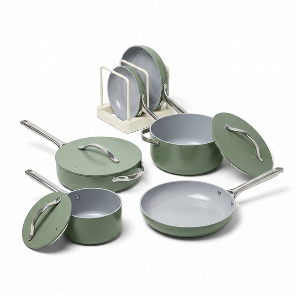 9-Piece Ceramic Nonstick Cookware Set in Sage — Studio Shot