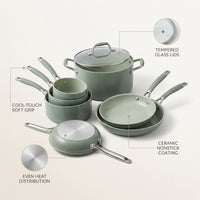9-Piece Ceramic Nonstick Cookware Set in Sage — infographic