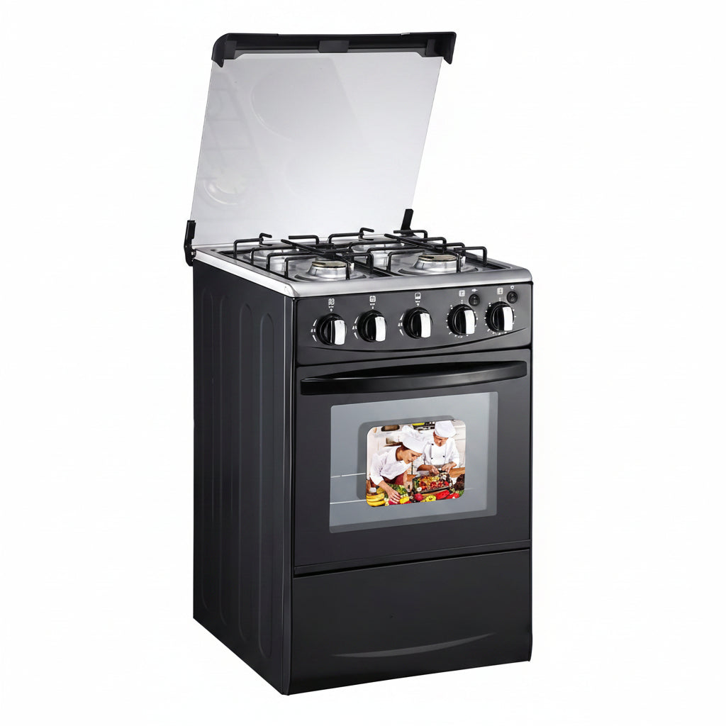 20-Inch LPG (Propane) Gas Range, 4-Burner Cooktop with 62L Oven, 201 Stainless Steel, Black Glass Lid, Electronic Ignition, for Kitchen