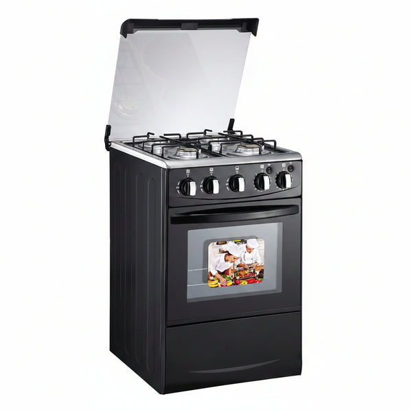 20-Inch LPG (Propane) Gas Range, 4-Burner Cooktop with 62L Oven, 201 Stainless Steel, Black Glass Lid, Electronic Ignition, for Kitchen