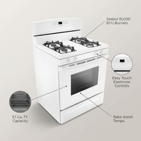 White Freestanding Gas Range with 5.1 Cu. Ft. & Bake Assist Temps — infographic