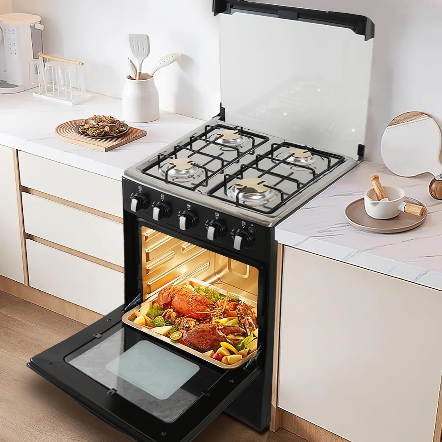 20-Inch LPG (Propane) Gas Range, 4-Burner Cooktop with 62L Oven, 201 Stainless Steel, Black Glass Lid, Electronic Ignition, for Kitchen